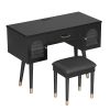 Elegant Black Vanity Makeup Table & Chair Set with 1 Drawer, 2 Begonia Glass Cabinet Doors, Writing Desk, and Charging Port Station