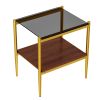 Set of 3, Coffee Table and 2 End Tables with Gray Tempered Glass, Open Bottom Shelves and Gold Legs