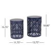 Set of 2, Blue Metal Side End Tables with Iron Cut Design and Cylindrical Structure