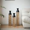 Floor Metal Decorative Cylindrical Vases, Set of 3 Gold & Black with Hammered Glazed Finish, and Funnel Shaped Neck