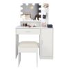White Vanity Set with Adjustable Lighted Mirror, 3 Storage Shelves, 1 Drawer, 1 Cabinet, Cushioned Stool Seat and Metal Frame
