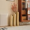 Set of 3, Handcrafted Gold Metal Floor Vases, Geometric Cylinder Shape with Hammered & Polished Finish and Funnel Shaped Necks