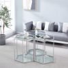 Modern Octagon Shaped Stainless Steel End Table with Silver Finish and Transparent Glass Top & Bottom Shelf