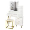 White & Gold Vanity Set with 9 LED Bulbs, Makeup Table, Cushioned Stool, 3 Storage Shelves and 4 Spacious Drawers