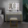 White Vanity Set with Makeup Table, 10 LED Bulbs, 3 Tone Light Settings, 3 Storage Shelves,, 2 Table Drawers and Cushioned Stool