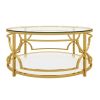 30.7” Round Tempered Glass Coffee Table with Luxurious Gold Geometric Metal Frame and Open Bottom Shelf