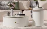 U-Can Modern Round Coffee Table Set of 2 with 360-Degree Rotatable Flower-Shaped Top, 2 Drawers and End Table with Brown Glasstop