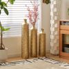 Set of 3, Handcrafted Gold Metal Floor Vases, Geometric Cylinder Shape with Hammered & Polished Finish and Funnel Shaped Necks