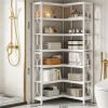 White Corner Bookshelf Display Rack with 7 Tiers, Dual Sided Storage, and Hexagonal Shape