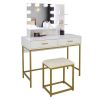 White Vanity Set with Makeup Table, 10 LED Bulbs, 3 Tone Light Settings, 3 Storage Shelves,, 2 Table Drawers and Cushioned Stool