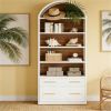 5 Tier White Arched Bookshelf Display Cabinet Rack with Storage & Filing Cabinet Drawers
