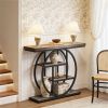 Rustic Rectangle Console Table with 4 Staggered Tiers, Circular Black Metal Base and Adjustable Foot Pads