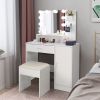 White Vanity Set with Adjustable Lighted Mirror, 3 Storage Shelves, 1 Drawer, 1 Cabinet, Cushioned Stool Seat and Metal Frame