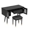Elegant Black Vanity Makeup Table & Chair Set with 1 Drawer, 2 Begonia Glass Cabinet Doors, Writing Desk, and Charging Port Station
