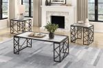3 Piece Table Set, 1 Coffee Table & 2 End Tables with White Marble Print Tempered Glass Tops and Black Metal Finish Base