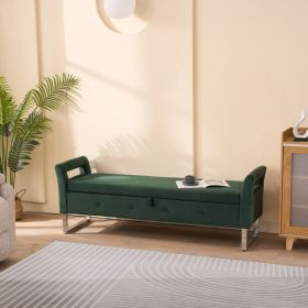 67.91” Green Velvet Storage Ottoman Bench with Armrests and Hidden Storage Compartment