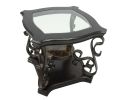 Square Beveled Glass Top End Table with Serpentine Metal Legs Attached to Marble Paper Top Middle Shelf