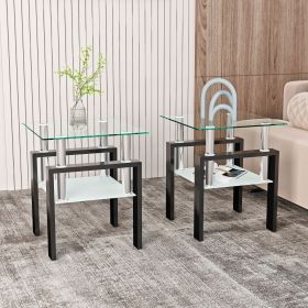 Set of 2, Modern Square End Tables with Clear Tempered Glass, Bottom Shelf and Iron Tube Support Frame