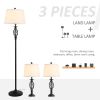 3-Piece Lamp Set, 1 Floor Lamp & 2 Table Lamps with Candle Stick Metal Pole Design, On/Off Foot Switch and 3 White Lamp Shades