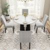 5-Piece Round Dining Table Set with 4 Upholstered Linen Chairs, Marble Texture Tabletop and H Shaped Table Legs