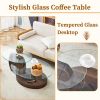Modern Walnut Grain Double Layer Coffee Table with Clear Tempered Glass Tops, 3 Tier Design and Open Bottom Shelf