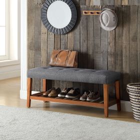 ACME Charla Gray Bench with Button Tufted Padded Seat and Wooden Slatted Bottom Shelf
