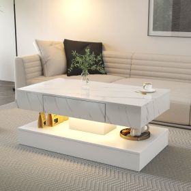 16.93” LED White Modern Coffee Table with Remote Control, 2 Tiers, 1 Top Storage Drawer and Pedestal Base