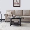 36” Modern Solid Wood Black Round Coffee Table with Clear Tempered Glass Top, Open Bottom Shelf and Double Deck Design
