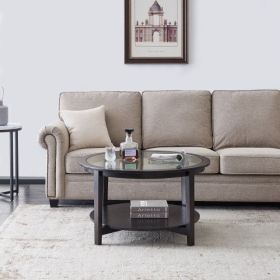 36” Modern Solid Wood Black Round Coffee Table with Clear Tempered Glass Top, Open Bottom Shelf and Double Deck Design