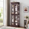 Lighted Glass Curio Display Storage Cabinet with 4 Tempered Glass Doors, Adjustable Glass Shelves and Vintage Carved Handles
