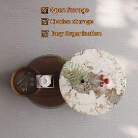 31.5” Round Nesting Coffee Table Set with Marble Tabletop, Smoked Glass Shelf, Storage, Expandable Design and Rotating Wheels