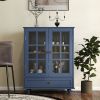 Minimalist Wooden Blue Buffet Sideboard Cabinet with Double Tempered Glass Doors, Adjustable Middle Shelf and Bottom Drawer