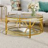 30.7” Round Tempered Glass Coffee Table with Luxurious Gold Geometric Metal Frame and Open Bottom Shelf