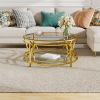 30.7” Round Tempered Glass Coffee Table with Luxurious Gold Geometric Metal Frame and Open Bottom Shelf