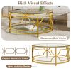 30.7” Round Tempered Glass Coffee Table with Luxurious Gold Geometric Metal Frame and Open Bottom Shelf