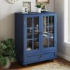 Minimalist Wooden Blue Buffet Sideboard Cabinet with Double Tempered Glass Doors, Adjustable Middle Shelf and Bottom Drawer