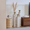 Set of 3, Handcrafted Cylindrical Metal Decorative Floor Vases with Polished & Hammered Gold Finish, and Embossed Body Pattern