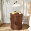 Mid Century Modern Cylinder End Table with Built-in Charging Station, Sliding Door, 2-Tier Storage and USB Port & AC Outlet