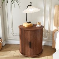Mid Century Modern Cylinder End Table with Built-in Charging Station, Sliding Door, 2-Tier Storage and USB Port & AC Outlet