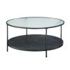 2-Piece Modern Coffee Table Set, 1 Coffee Table & 1 End Table with Tempered Glass Top, Open Bottom Shelf and Black Metal Finish