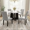 5-Piece Round Dining Table Set with 4 Upholstered Linen Chairs, Marble Texture Tabletop and H Shaped Table Legs