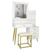 White & Gold Vanity Set with 9 LED Bulbs, Makeup Table, Cushioned Stool, 3 Storage Shelves and 4 Spacious Drawers