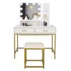 White Vanity Set with Makeup Table, 10 LED Bulbs, 3 Tone Light Settings, 3 Storage Shelves,, 2 Table Drawers and Cushioned Stool