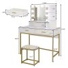 White Vanity Set with Makeup Table, 10 LED Bulbs, 3 Tone Light Settings, 3 Storage Shelves,, 2 Table Drawers and Cushioned Stool