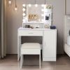 White Vanity Set with Adjustable Lighted Mirror, 3 Storage Shelves, 1 Drawer, 1 Cabinet, Cushioned Stool Seat and Metal Frame