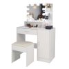 White Vanity Set with Adjustable Lighted Mirror, 3 Storage Shelves, 1 Drawer, 1 Cabinet, Cushioned Stool Seat and Metal Frame