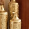 Set of 3, Handcrafted Gold Metal Floor Vases, Geometric Cylinder Shape with Hammered & Polished Finish and Funnel Shaped Necks