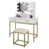 White Vanity Set with Makeup Table, 10 LED Bulbs, 3 Tone Light Settings, 3 Storage Shelves,, 2 Table Drawers and Cushioned Stool