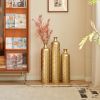 Set of 3, Handcrafted Gold Metal Floor Vases, Geometric Cylinder Shape with Hammered & Polished Finish and Funnel Shaped Necks