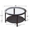 36” Modern Solid Wood Black Round Coffee Table with Clear Tempered Glass Top, Open Bottom Shelf and Double Deck Design